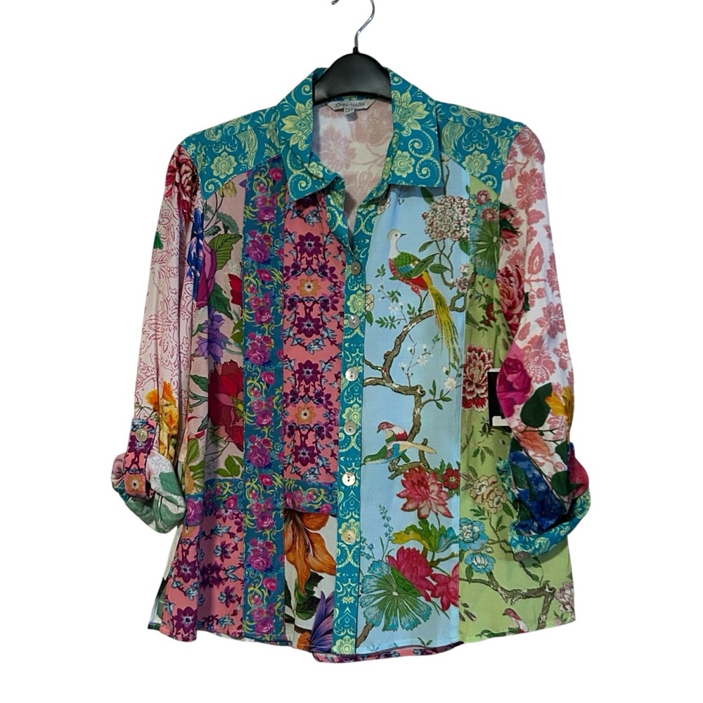New John Mark Button Down Top Patchwork Roll Tab Sleeves Size PXS Petite NWT